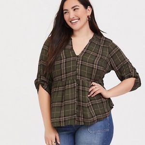 Torrid Green Plaid Tartan Babydoll Peplum Blouse